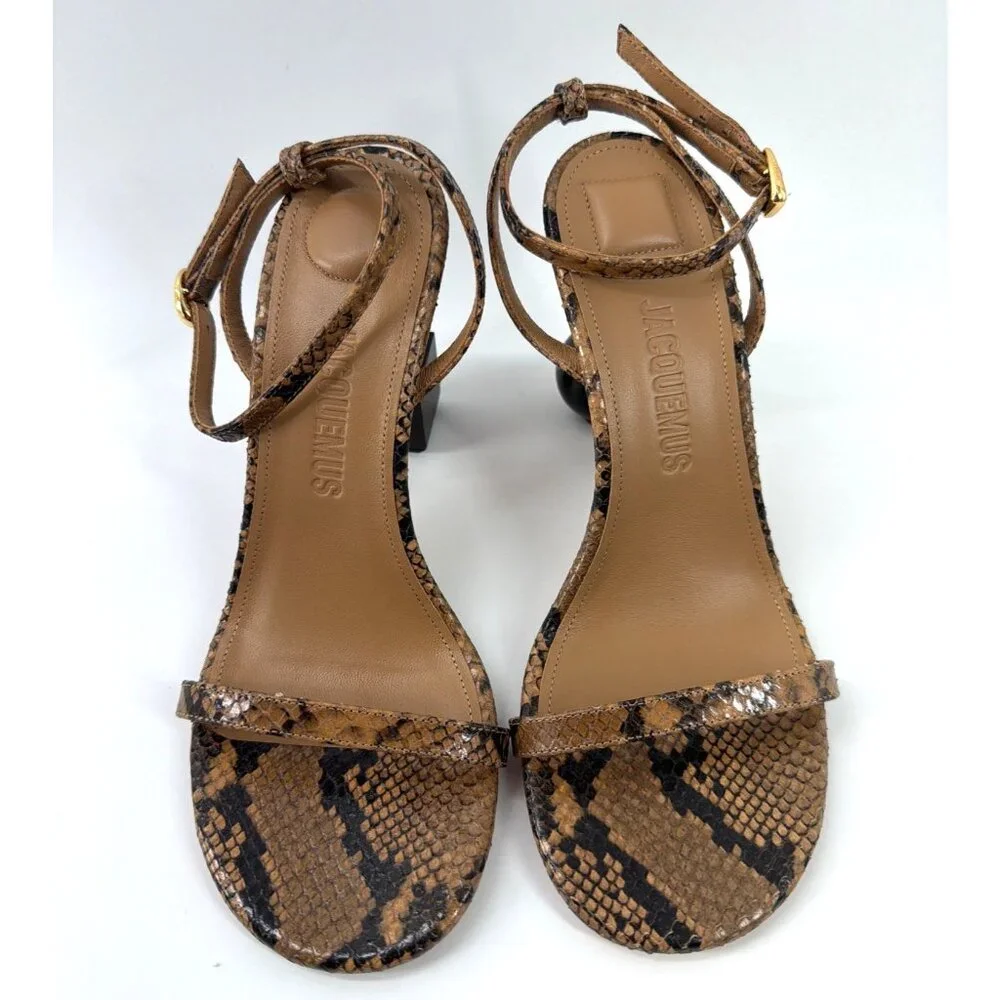 Jacquemus Les Bisu Sandals Snake Print Leather Ankle Strap Geometric Heels Sz 37